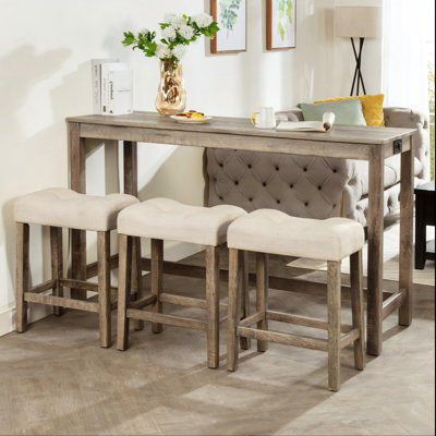 Ensemble de table de bar 4 pièces avec 3 tabourets rembourrés et prise de courant