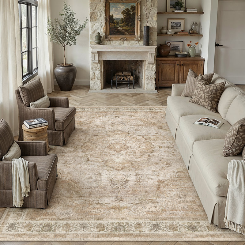 Tapis lavable Aurea Vintage à médaillon vieilli avec envers antidérapant, Beige, Rectangle 9 pi x 12 pi