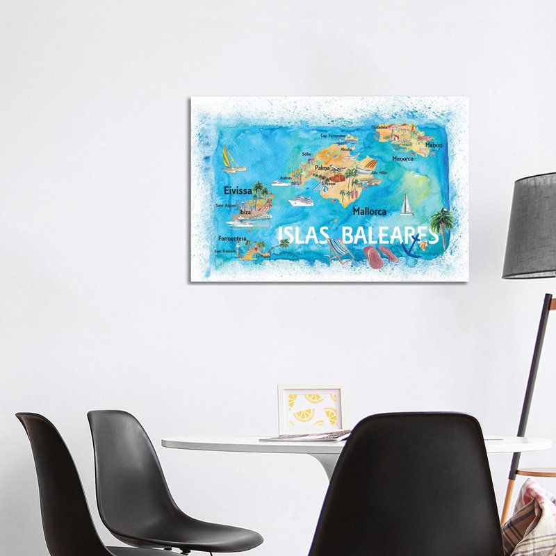 Balearic Islands Illustrated Travel Map with Majorca Ibiza Menorca Landmarks and Highlights 1 Piece Wrapped Canvas Painting