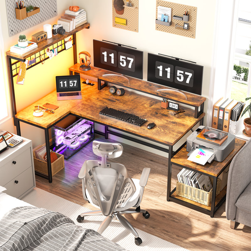 L Shaped Reversible Computer Desk With Power Outlet & Long Monitor Stand & Led Lights & Storage Shelves, Brown/Black