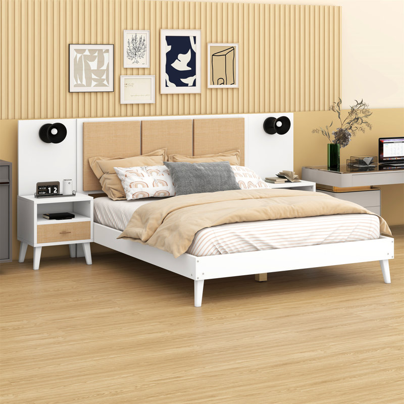 Structure de lit en bois avec 2 tables de chevet et design élégant avec lampes, Blanc