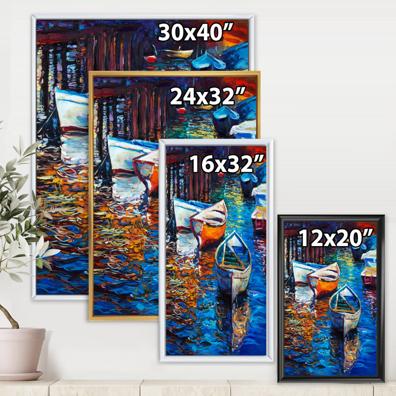 Paysage, bateaux sur l'eau, coucher de soleil sur toile - Warm Sunset X, H 20 po x l 12 po x P 1po, Cadre flottant blanc