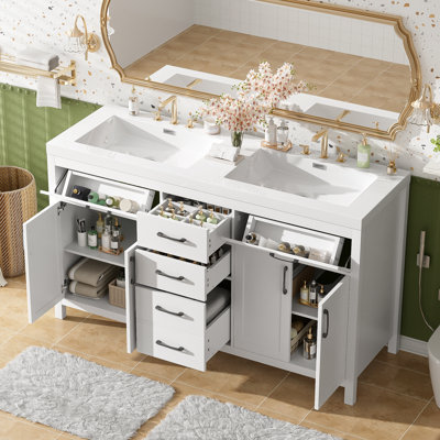 60" Free-Standing Double Bathroom Vanity With Solid Wood Frame, Dual SMC Sinks, 2 Flip-Out Drawers, Divided Organizers & Adjustable U-Shaped Shelving