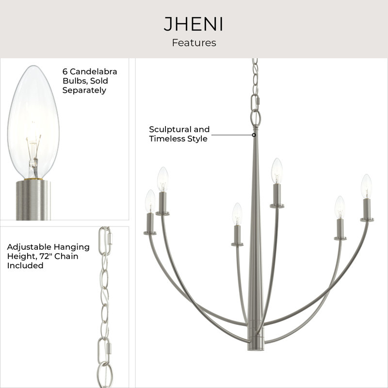 Jheni Six-Light Brushed Nickel Chandelier, Brushed Nickel, 28
