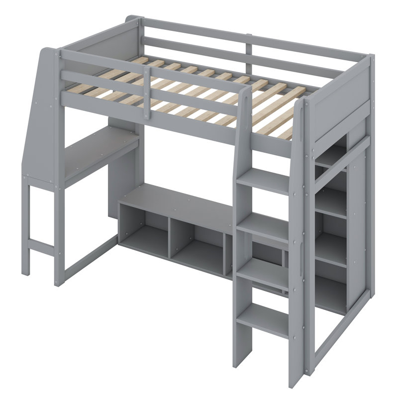 Lit mezzanine en bois avec bureau, étagères à rangement multiples, DEL et portemanteau suspendu
