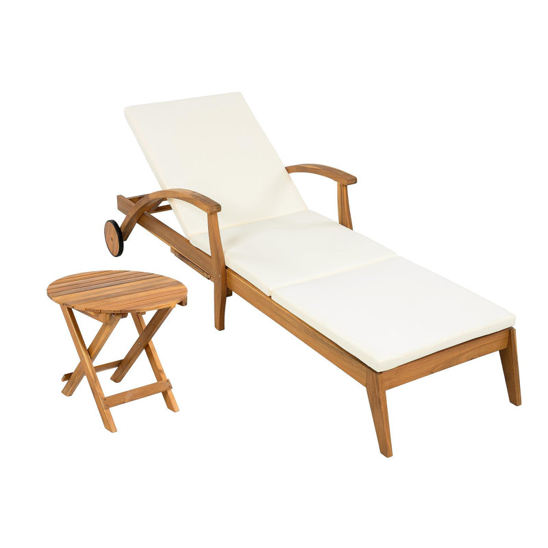 OUTDOOR RECLINER SIDE TABLE SET - COMES WITH 2 INCH CUSHION AND ADJUSTABLE BACKREST CHAISE LOUNGE WITH WHEEL & FOLDABLE AND ADJUSTABLE ACACIA WOOD SIDE TABLE FOR POOLSIDE PORCH