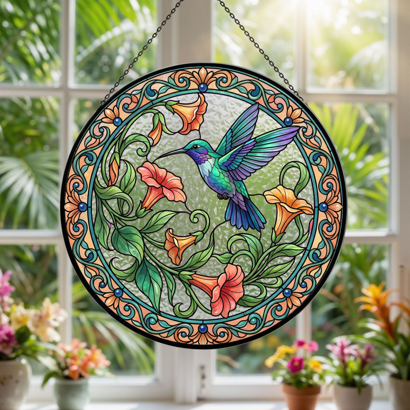 Vitrail de vitrail Hummingbird Floral - 7,8 H, H 7,8 po