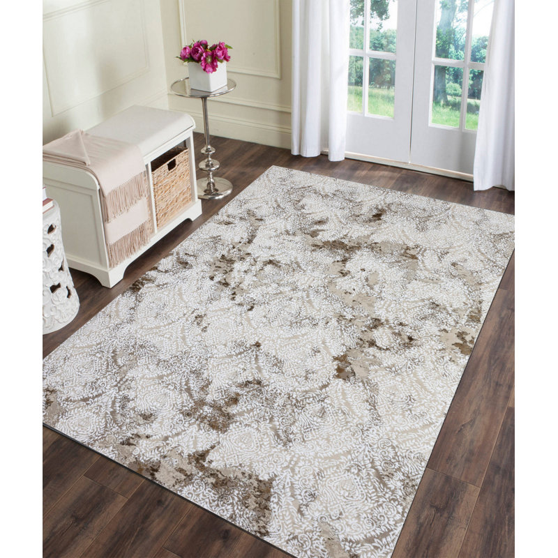 Tapis brun / blanc en acrylique noué à la main Modlin, Rectangle 6 pi 7 po x 9 pi 6 po