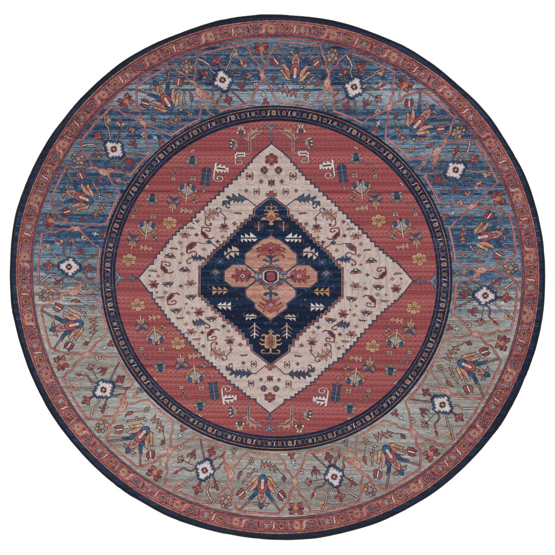 Tucson Heirloom Machine Washable Non-Slip Area Rug In Rust & Blue
