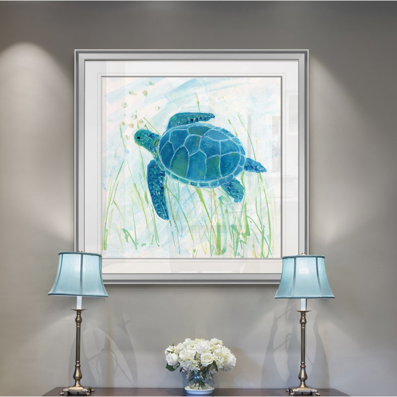 « récif tortue ii », peinture, H 16 po x l 16 po x P 1,5 po, Encadrement argenté