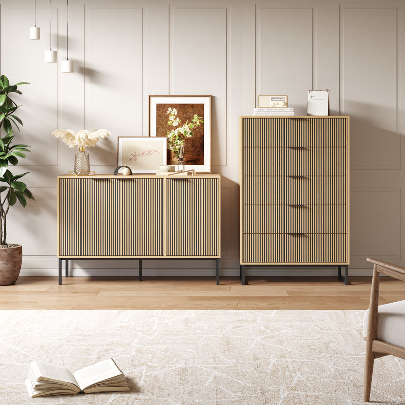 Farmhouse 2 Pieces Bedroom Set, 5 Dresser Tall Chest and Storage Cabinet