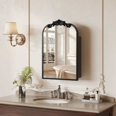 16"x24" Vintage Arched Medicine Cabinet with Mirror,Wall Mounted Bathroom Storage with Recessed/Surface Mount Options, Baroque Retro Design, Gold Metal Frame
