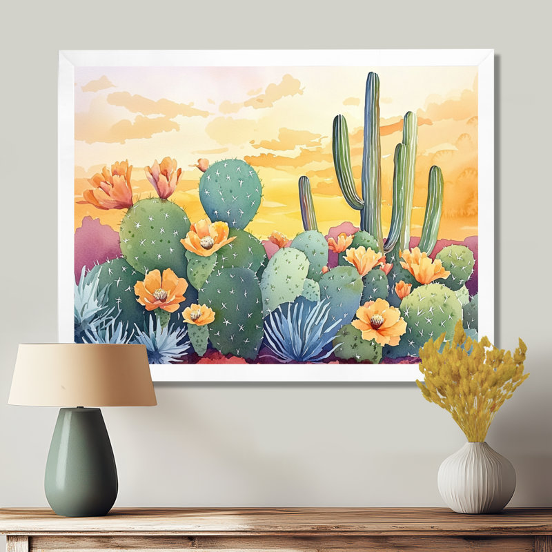 Cactus paysage au coucher du soleil II, Picture Framed Print, H 24 po x l 32 po, Blanc