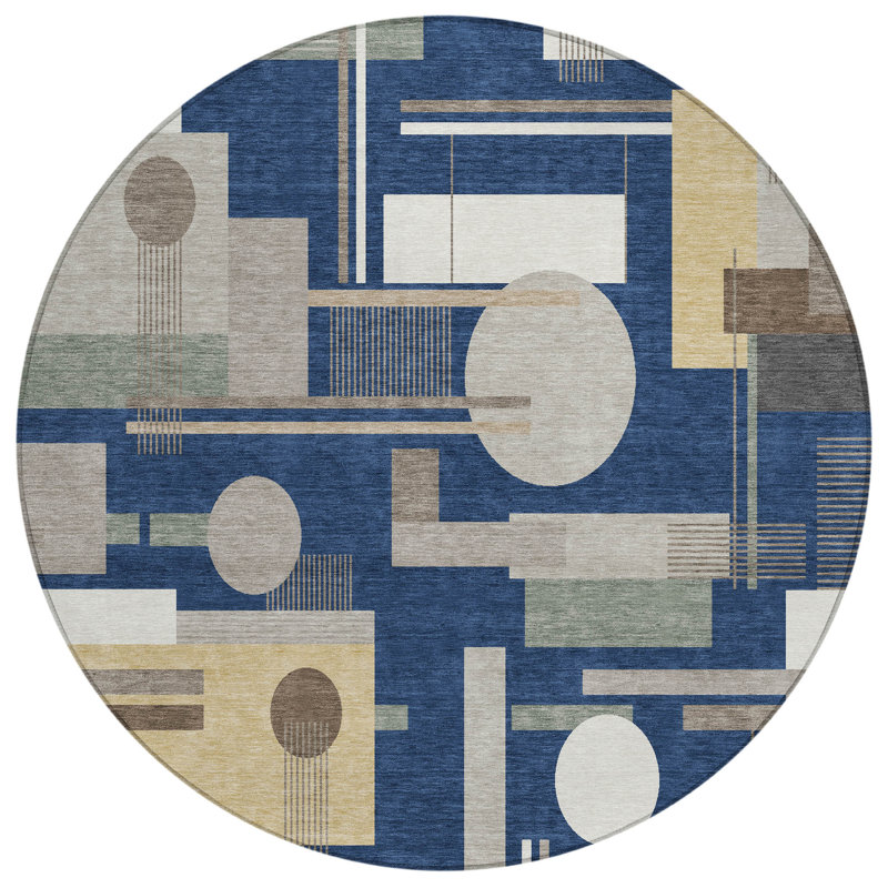 Machine Washable Indoor/Outdoor Chantille ACN2822 Geometric Rug, Navy, 8' Round