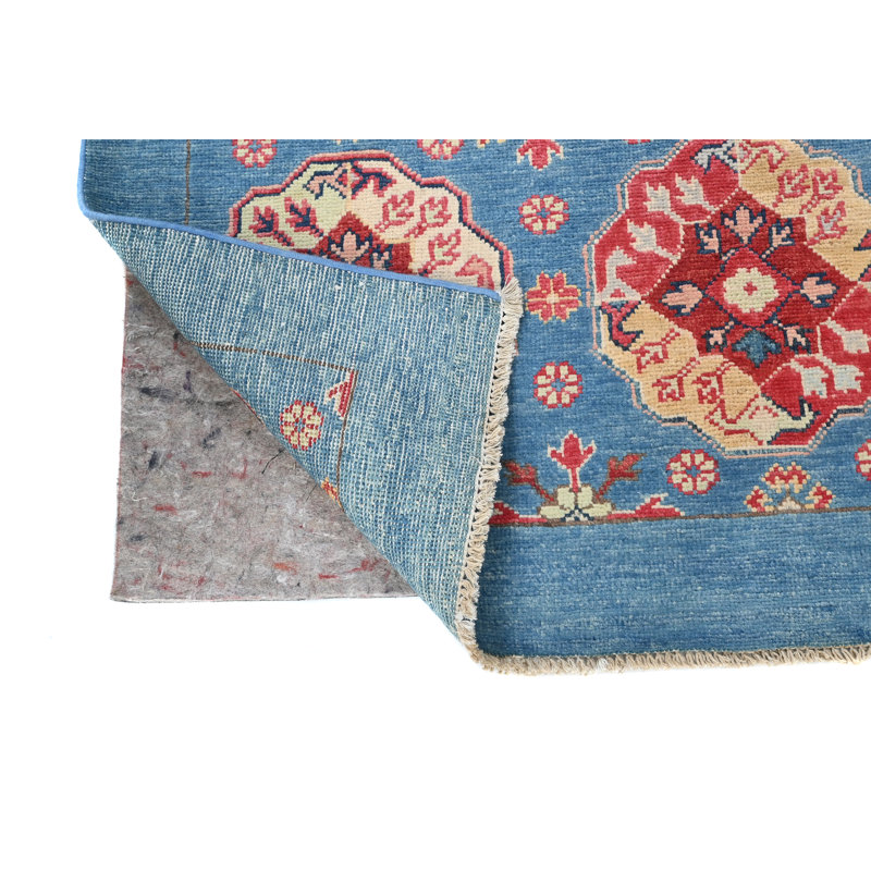 Tapis oriental unique géométrique moderne bleu 4 x 6 One-of-a-Kind