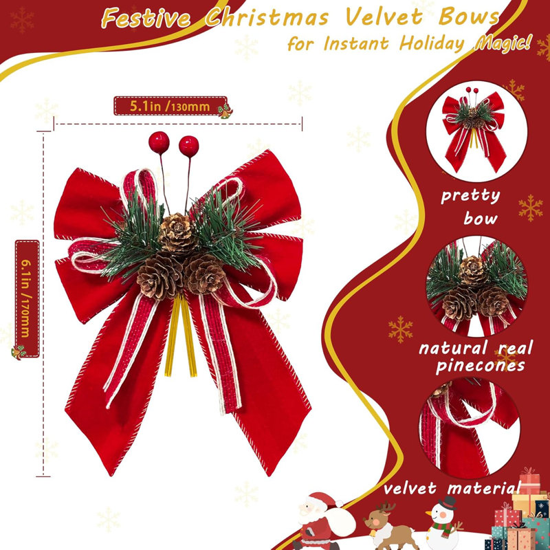 Boucles de Noël en velours de Noël avec de véritables pommes de pin - Boucles de Noël rouges pour décorations d'arbre de 6,7 po