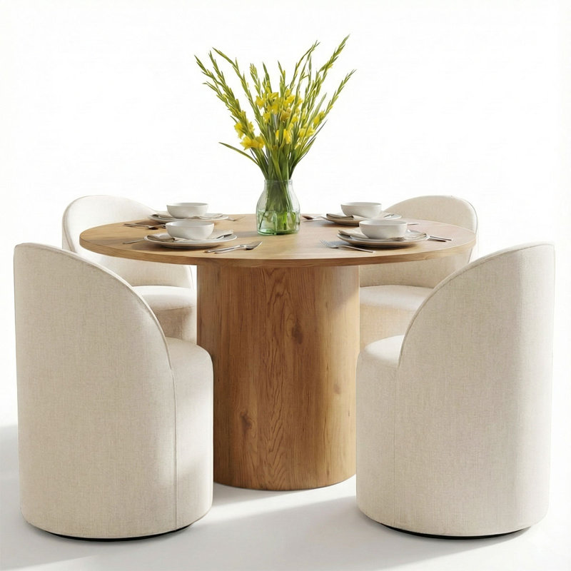 4 - Person Dining Table Sets With Round Table & 4 Upholstered Rolling Chairs, Natural, White