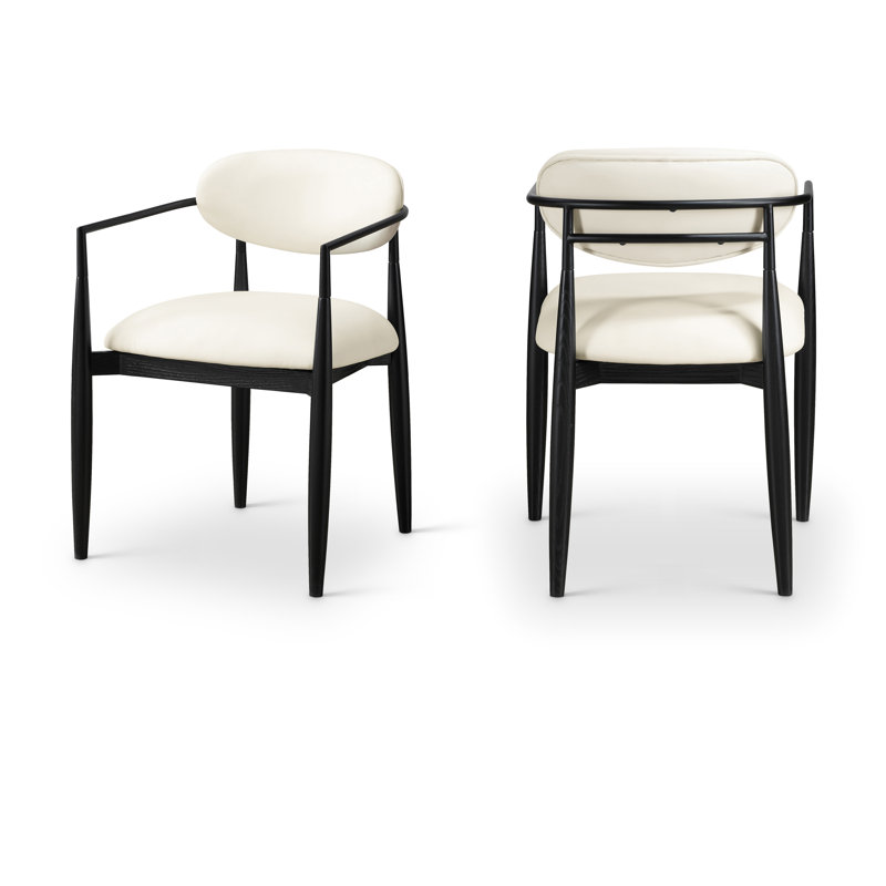 Eligah Vegan Leather Upholstered Dining Arm Chair, Cream Vegan Leather, Stained Black / Powder Coated Black