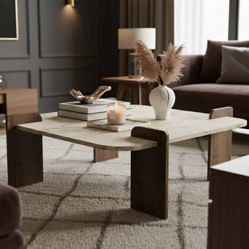 Table basse carrée en travertin et noyer, Travertin noyer, Beige