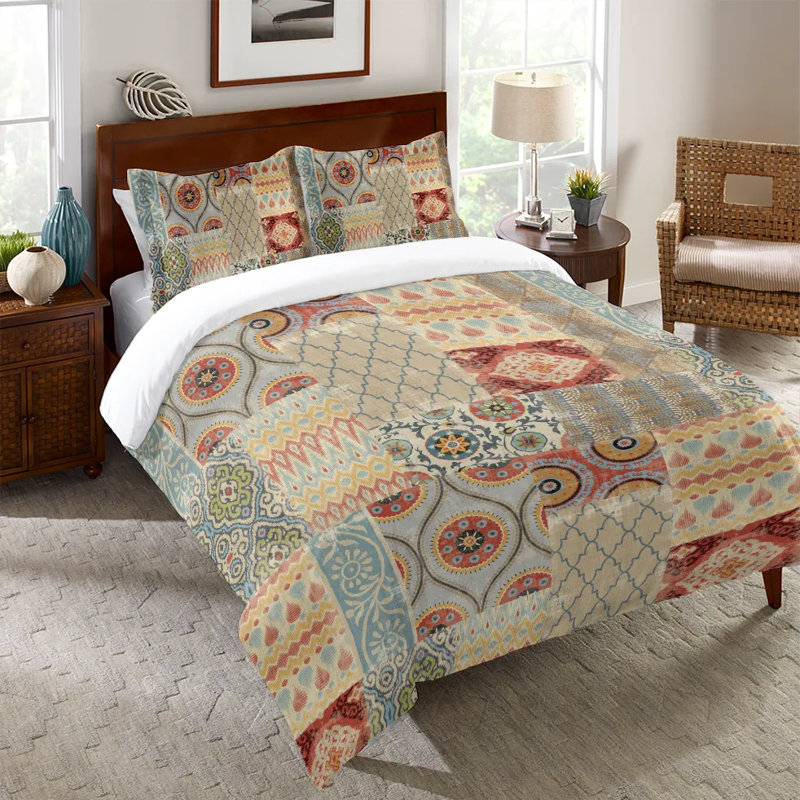 Persian Patchwork Red Machine Woven Duvet Cover, Twin Duvet Cover