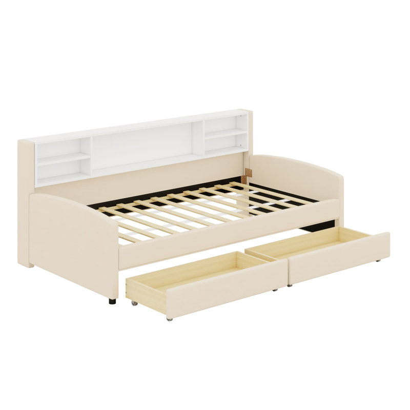 Lit plateforme tapissier avec rangement et tiroirs, Beige