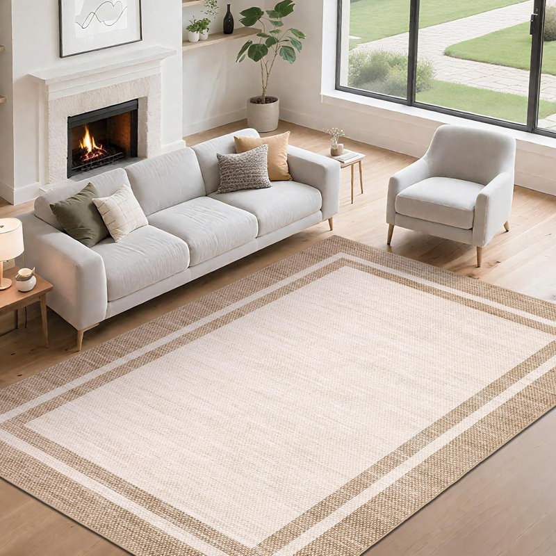 2x6 Washable Neutral Runner Rug – Minimalist Bordered Print, Non-Slip TPR Backing, Soft Thin Mat for Entryway, Kitchen (Black)