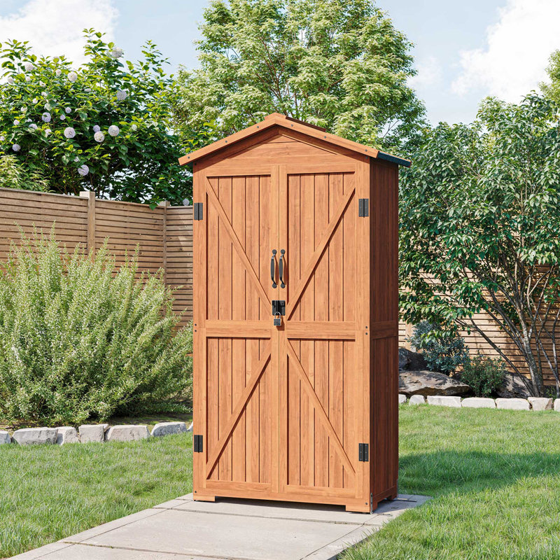 Tall Brown Fir Wood Outdoor Storage Shed with Shelves