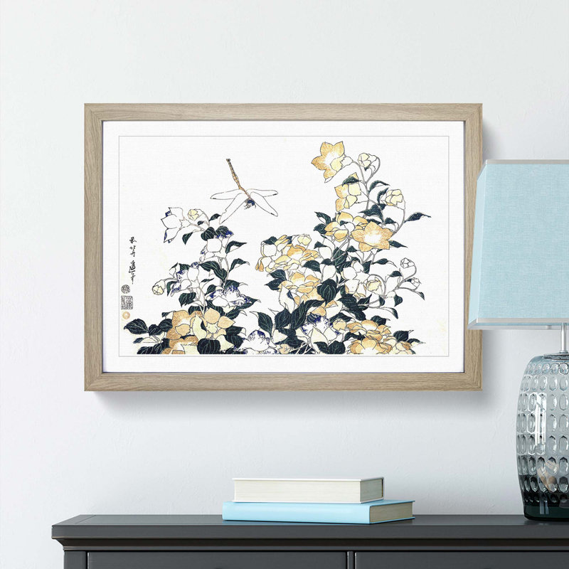 Dragonfly and Bellflower by Katsushika Hokusai - Picture Frame Painting Print, 48cm H x 65cm W x 2cm D, Oak Framed