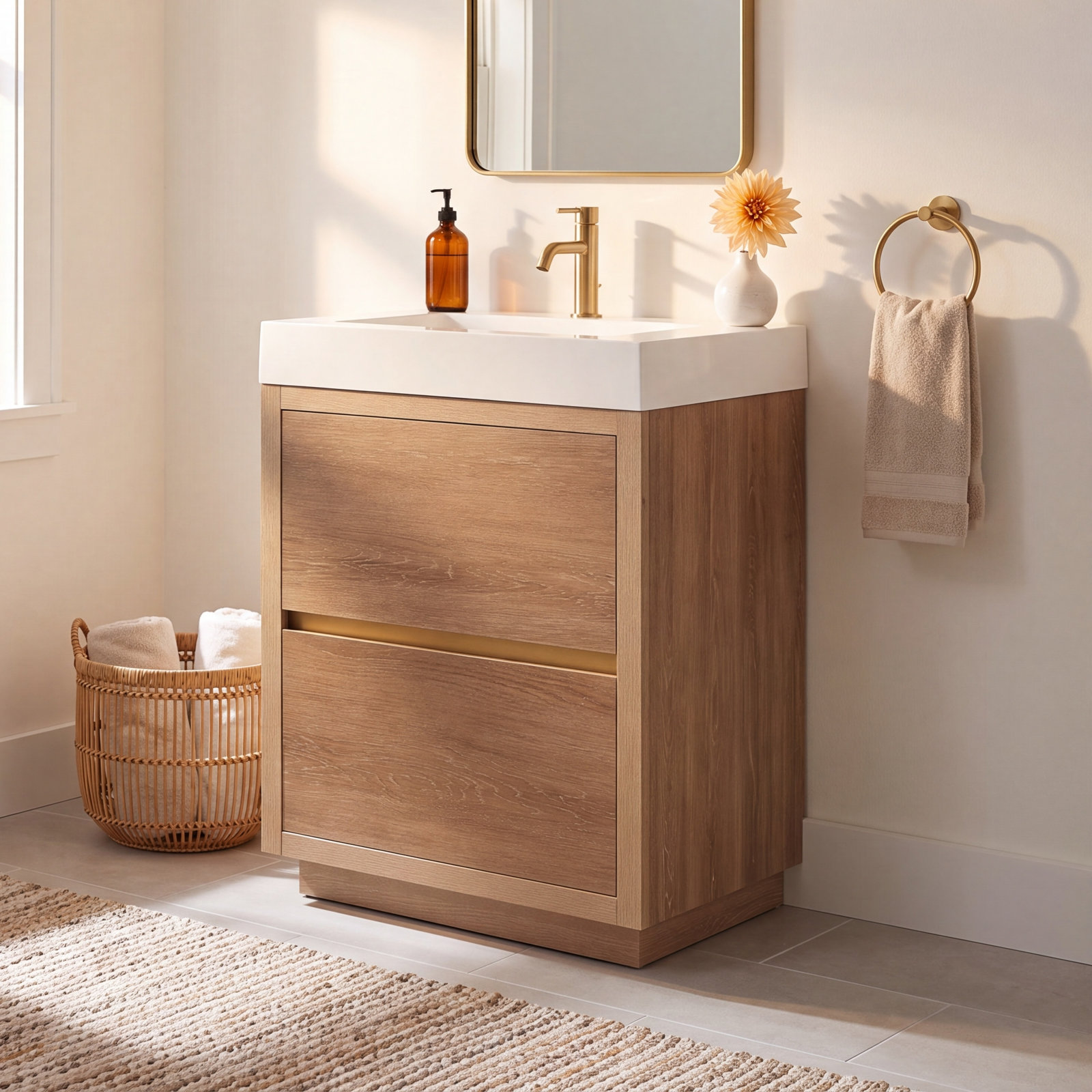Beira 24'' Single Bathroom Vanity, White, North American Oak