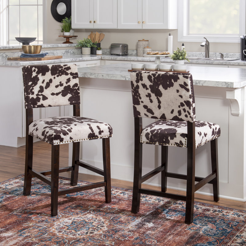 Corey Upholstered Nailhead Trim Counter and Bar Stool, Counter Stool (24" Seat Height), Ivory/Brown