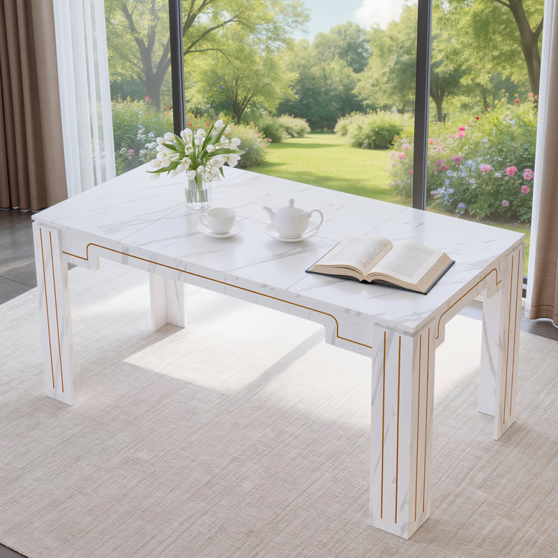 White Marble-Patterned MDF Dining Table With Recessed Legs, Featuring A Minimalist Yet Luxurious Design. Suitable For 6-8 People, Versatile And Adaptable To Various Spaces.