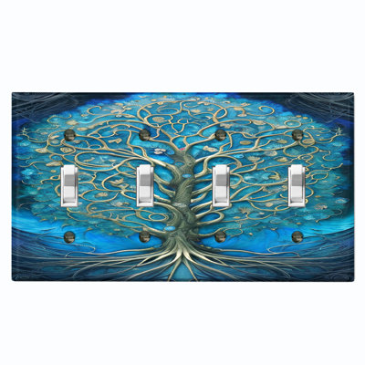 Arbre de vie en bois à motif de fleurs bleues sur le thème de la nature à 4 bandes