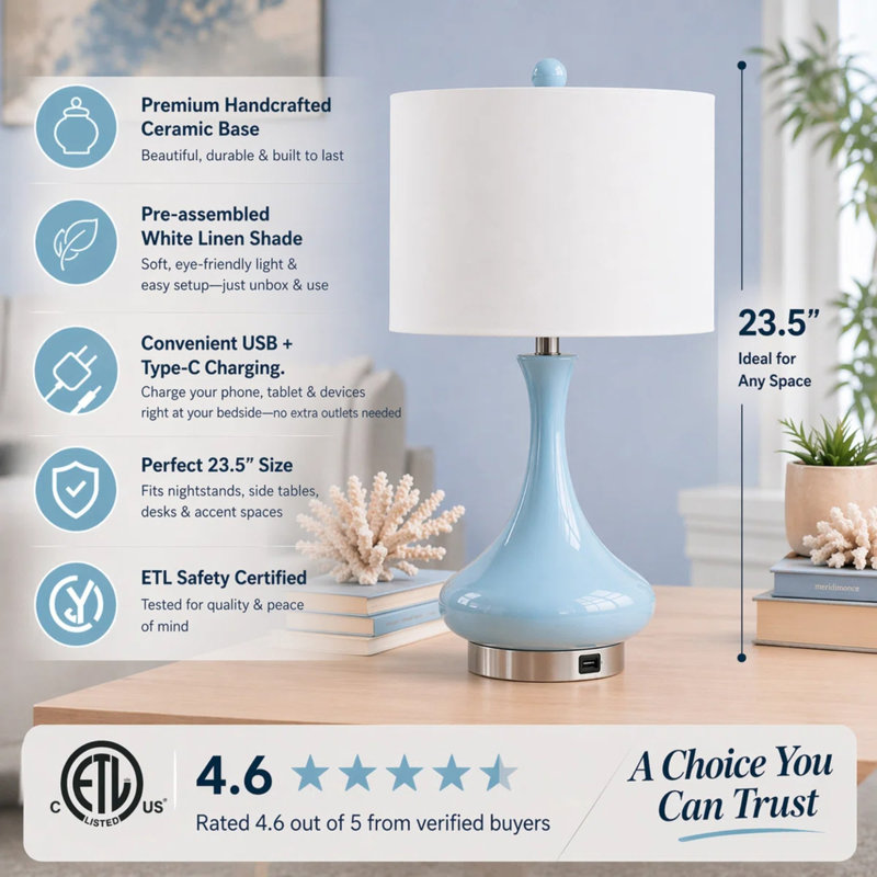 Lampe de table moderne en céramique avec ports de charge USB et Type-C, abat-jour en lin blanc pré-assemblé, interrupteur rotatif, E26 100 W, ampoule non incluse