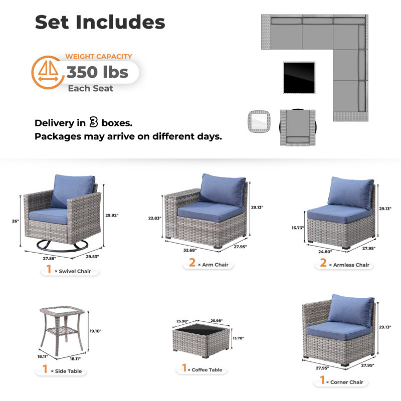 6-Person All-Weather Wicker Outdoor Sectional With Cushions,Swivel Rocker, Denim Blue