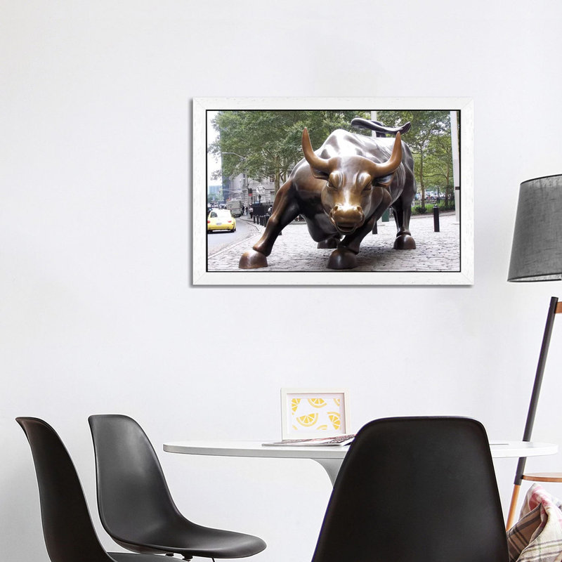The Wall Street Bull - Print on Canvas, 101.6 cm H x 66.04 cm W, White Framed