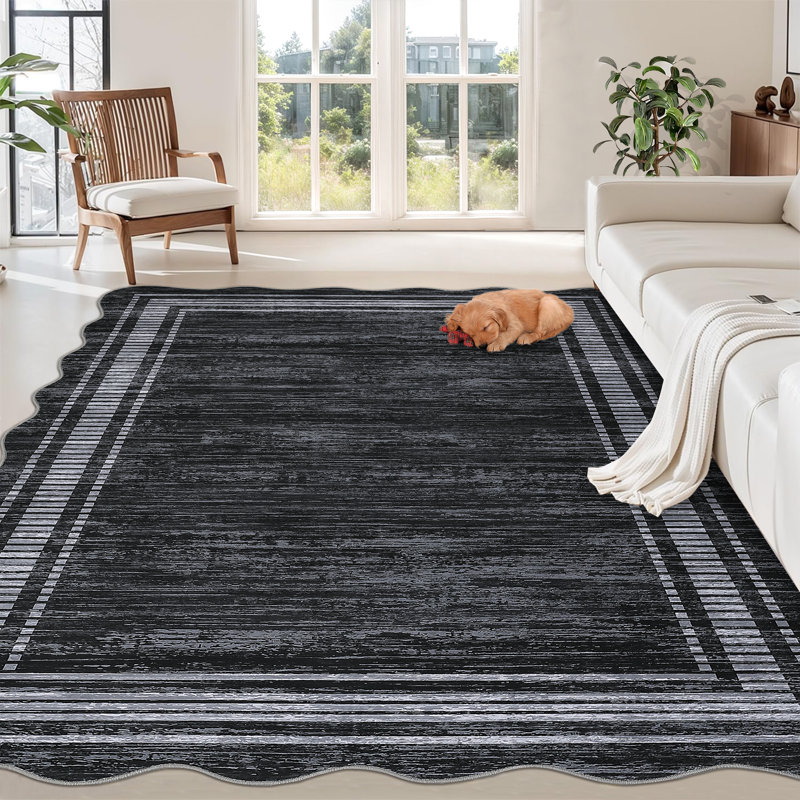 10 x 13 ft Polyester Black Rectangular Machine Washable Geometric Bordered Living Room Bedroom Dining Room Machine Washable Area Rug