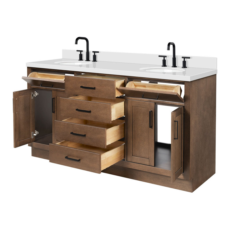 Thornaby 66'' Solid Wood Double Bathroom Vanity with 1.5'' White Quartz Top, Oval Sinks, Oval, Brown Oak / Matte Black