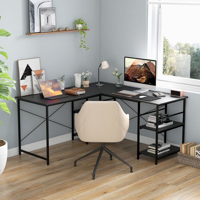 Addalynne L-Shaped Steel Computer Desk, Black