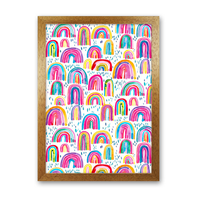 Cute Watercolor Rainbows - Print, 88cm H x 64cm W x 3cm D, Brown Framed