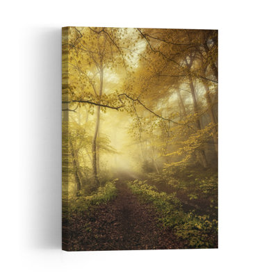 Golden Foggy Forest Path Dreamy Ethereal Peaceful Autumn Forest Wall Art Print