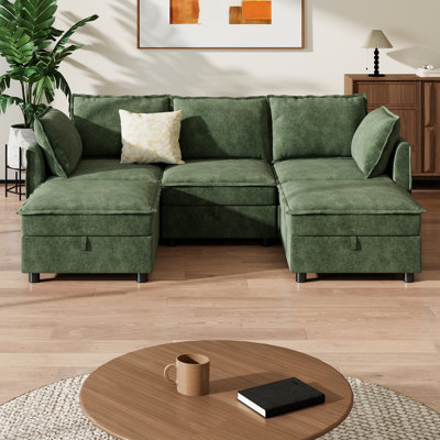 Keswick 97.2" Modern 5 Seat Upholstered Chenille U Shaped Sectional Sofa with Storage Ottoman