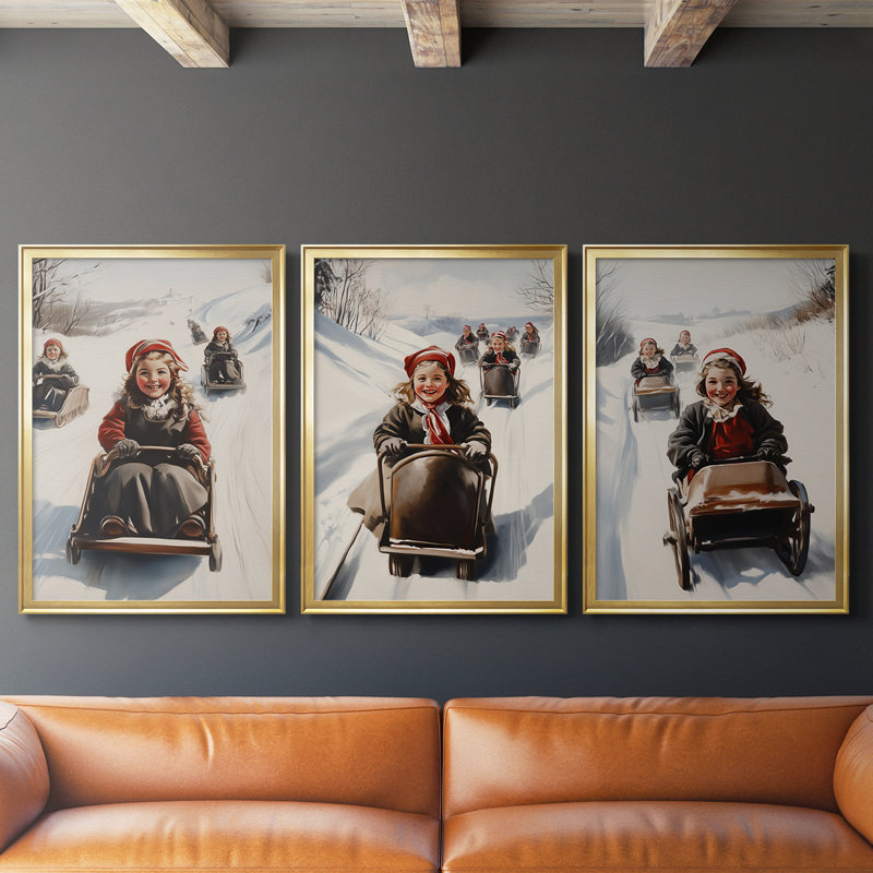Art des Fêtes de Noël - Série 2 - CCL - Toile tendue avec châssis sur mesure - 3 pièces, H 19 po x l 45 po, Doré