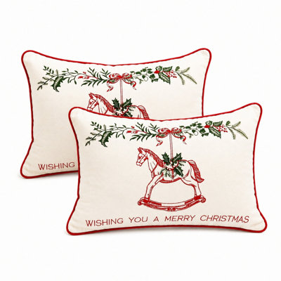 20 x 12 Inch Christmas Rocking Horse Embroidery Throw Pillow Covers