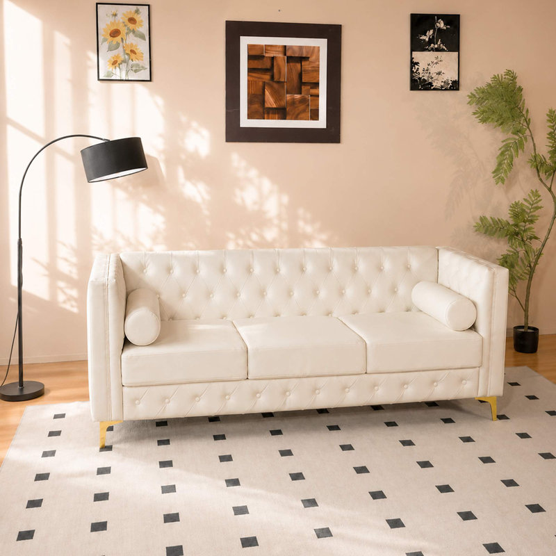 Canapé moderne 3 places en similicuir capitonné, Cream White