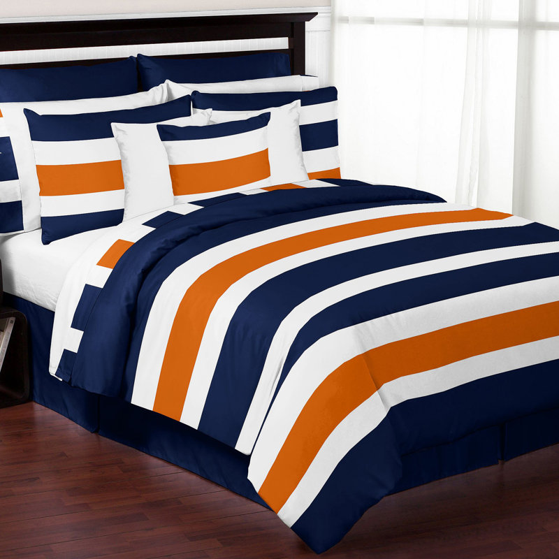 Stripe Comforter Set, Full/Queen Comforter + 2 Standard Shams, Navy Blue/Orange/White