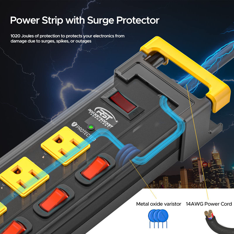 CRST 12 Outlet Heavy Duty Metal Power Strip with Individual Switches, 9FT Surge Protector Power Strip with Cord Managment, 15A/1875W 1020J Wide Spaced Outlets for Garage, Workshop, Home, School