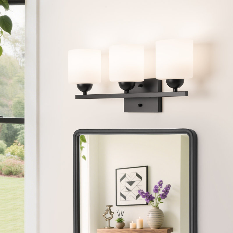 Luminaire de meuble-lavabo 3 lumières avec abat-jour en verre opale, Noir mat, 3