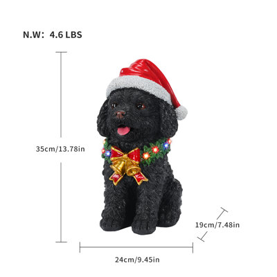 13.78" Black Poodle Christmas Dog Statue with LED Lights and Santa Hat, Resin Holiday Decor