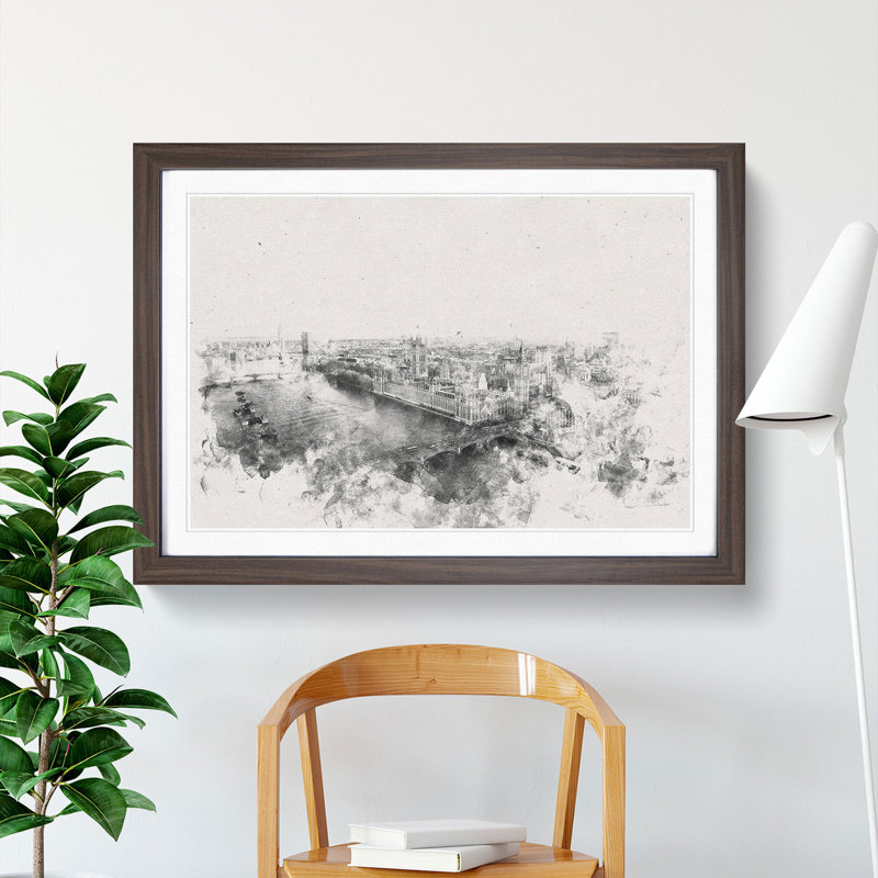 London City Skyline Watercolour - Picture Frame Graphic Art Print, 24cm H x 33cm W x 2cm D, Walnut Framed