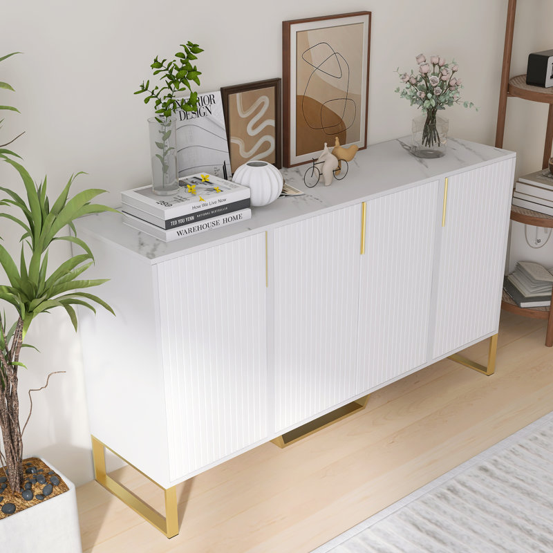 Buffet moderne Rish avec quatre portes, poignées en métal, pieds et tablettes réglables, Blanc